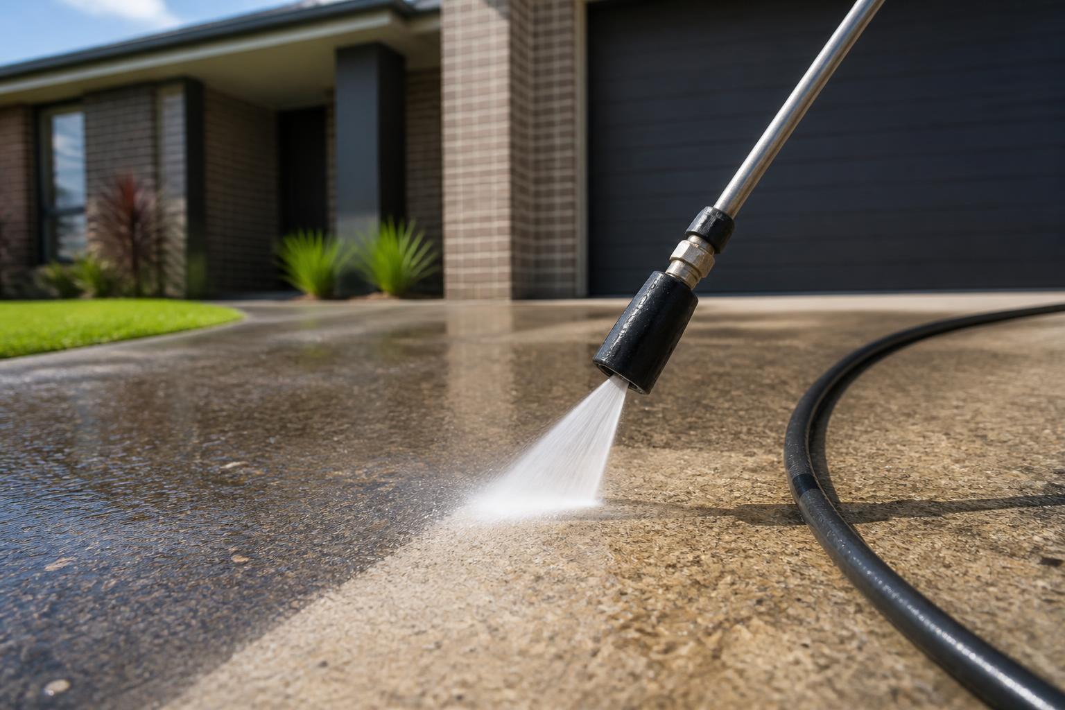 Pressure washer wand spraying a concrete driveway in front of a brick home with no person visible