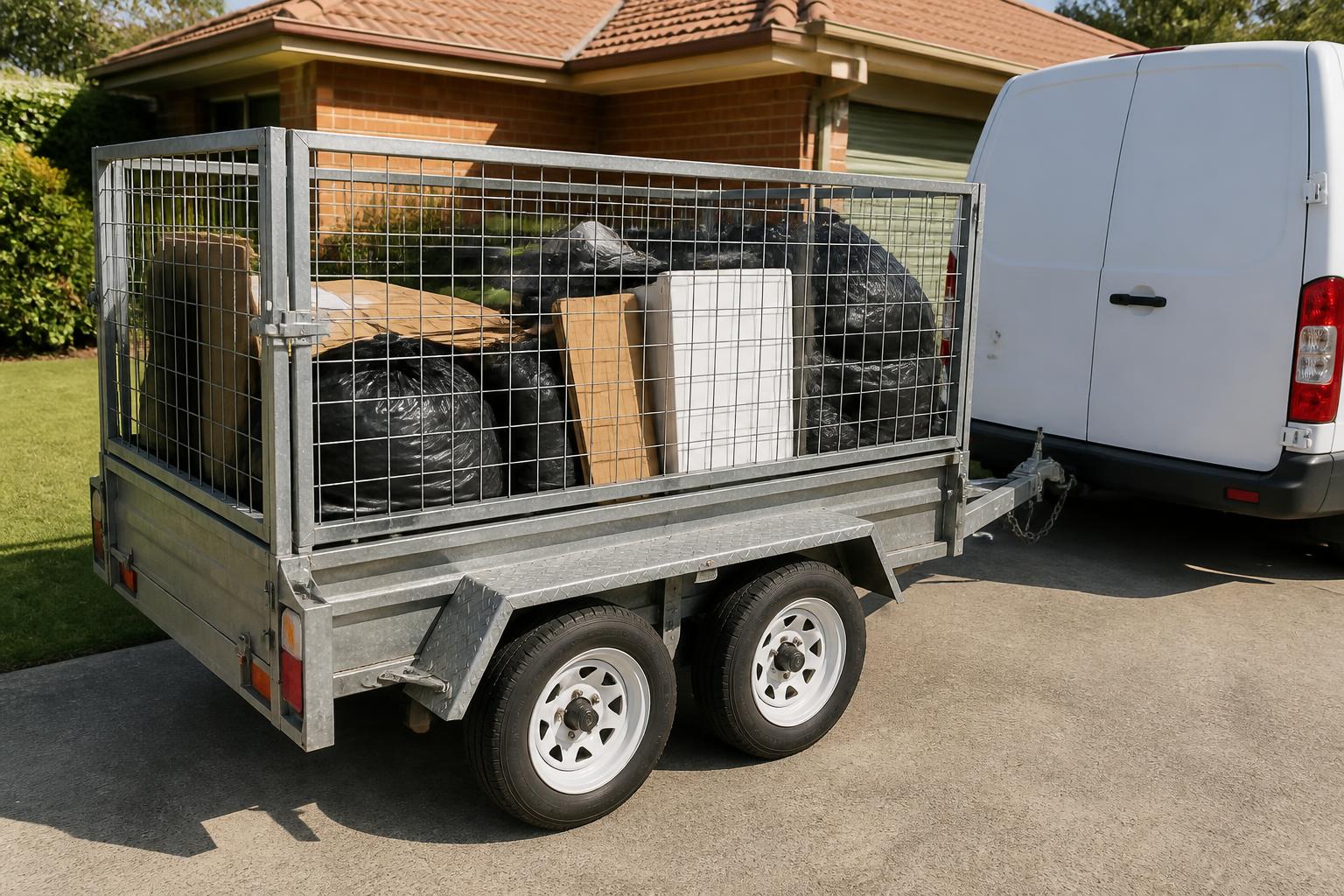 Cage trailer loaded with household rubbish and boxes hitched to a white van on a suburban driveway